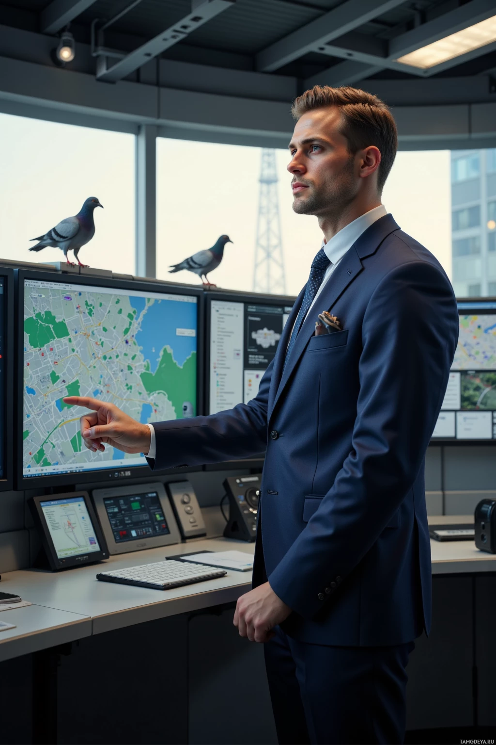 A man in a suit stands in a control room, pointing at a map on a monitor.