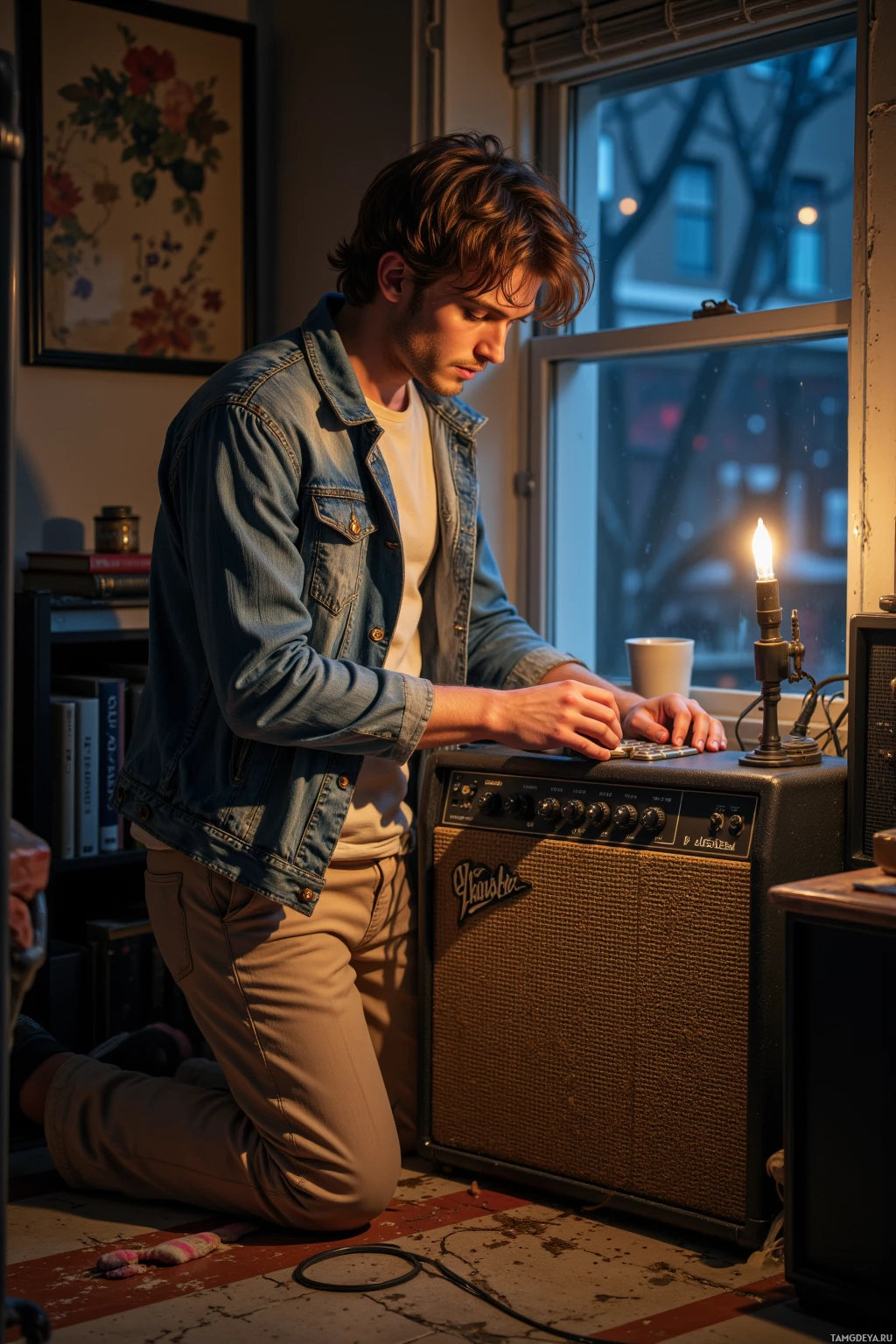 A person kneels by an amplifier in a cozy room with warm lighting and a window view.