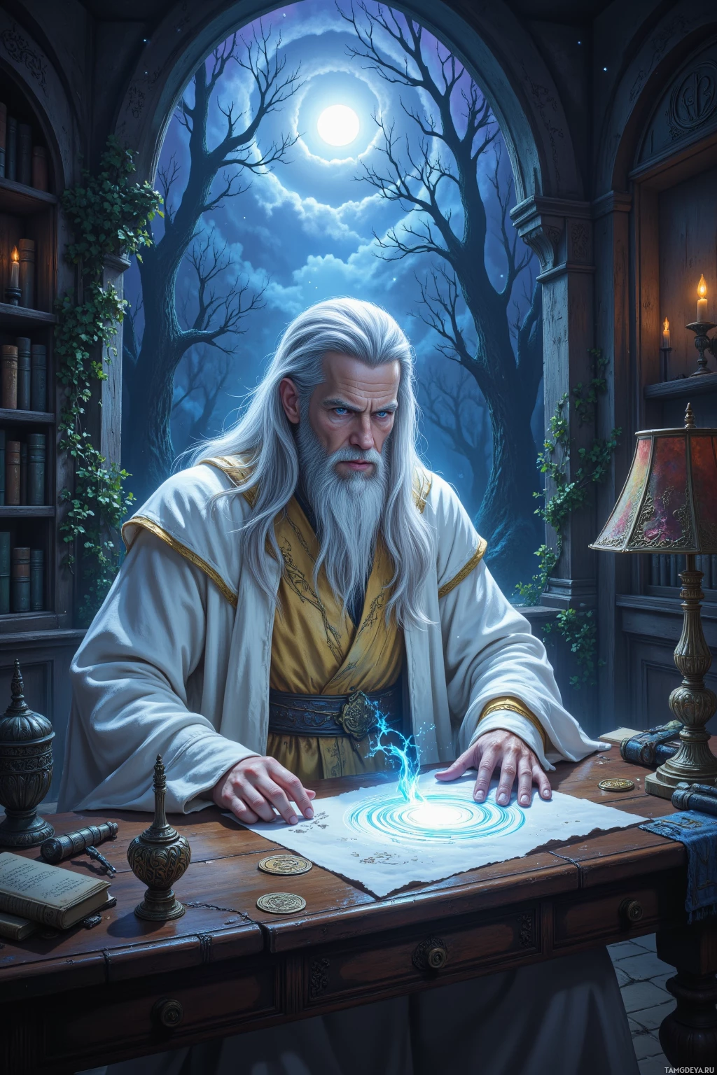 A wizard with long white hair and beard sits at a desk, focusing on a glowing blue circle on a piece of paper.