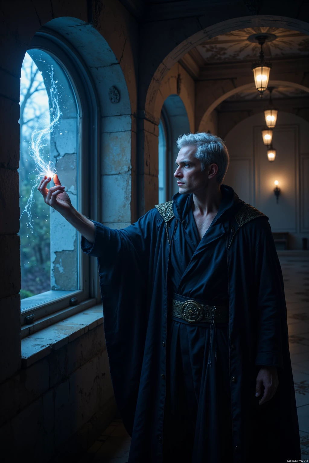 A person in a dark robe stands by a window, holding a glowing object.