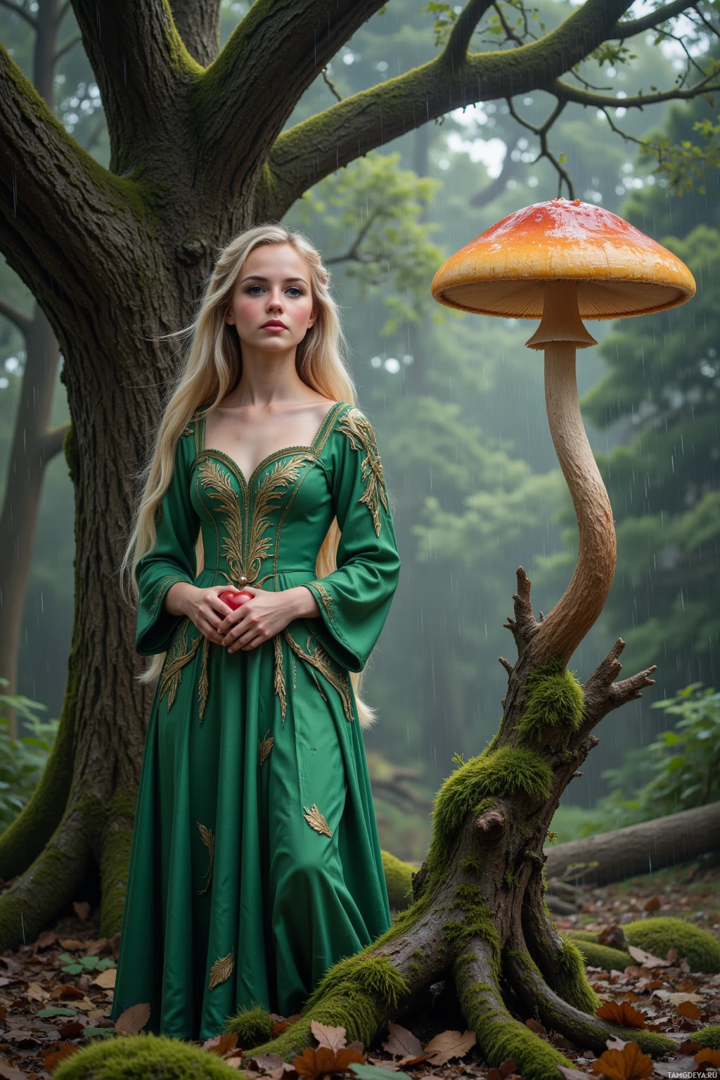 A woman in a green dress stands in a forest, holding a red apple, with a large mushroom nearby.