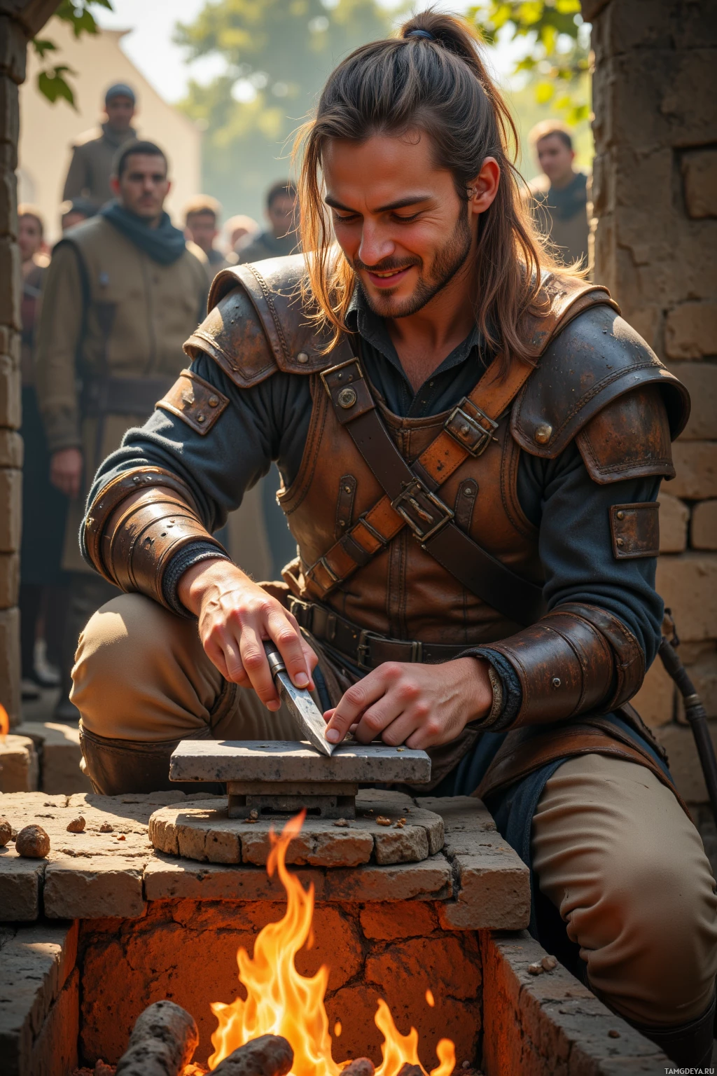 A person in medieval-style armor is sharpening a knife on a stone block over a fire.