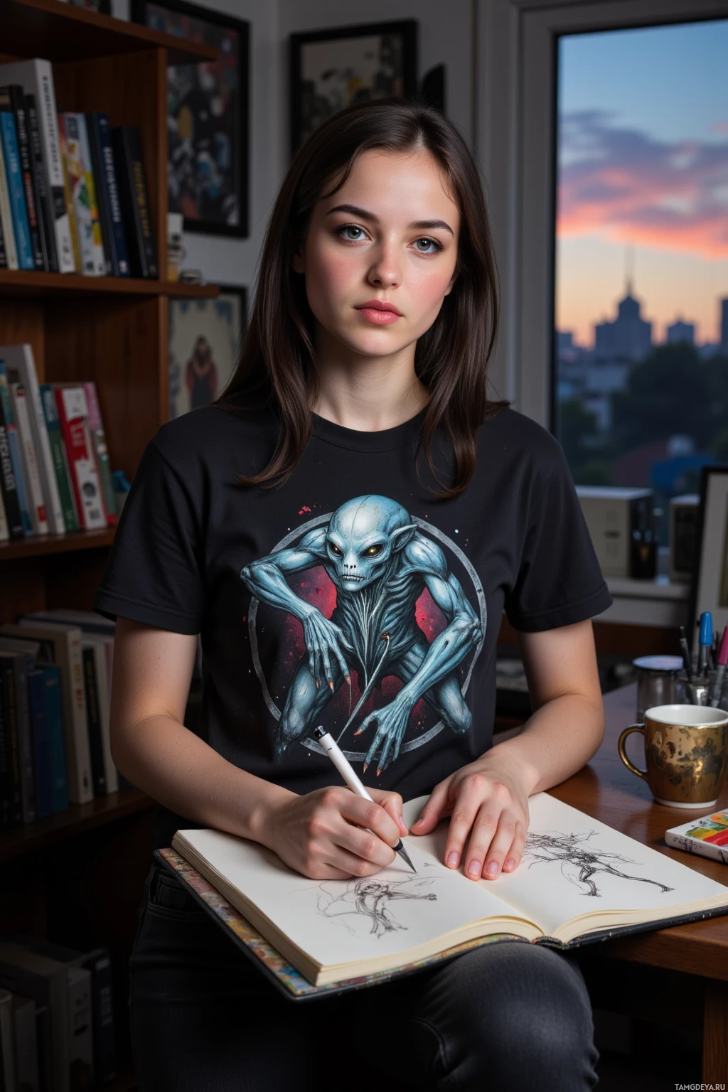 A person wearing a t-shirt with an alien design is sketching in a notebook at a desk.