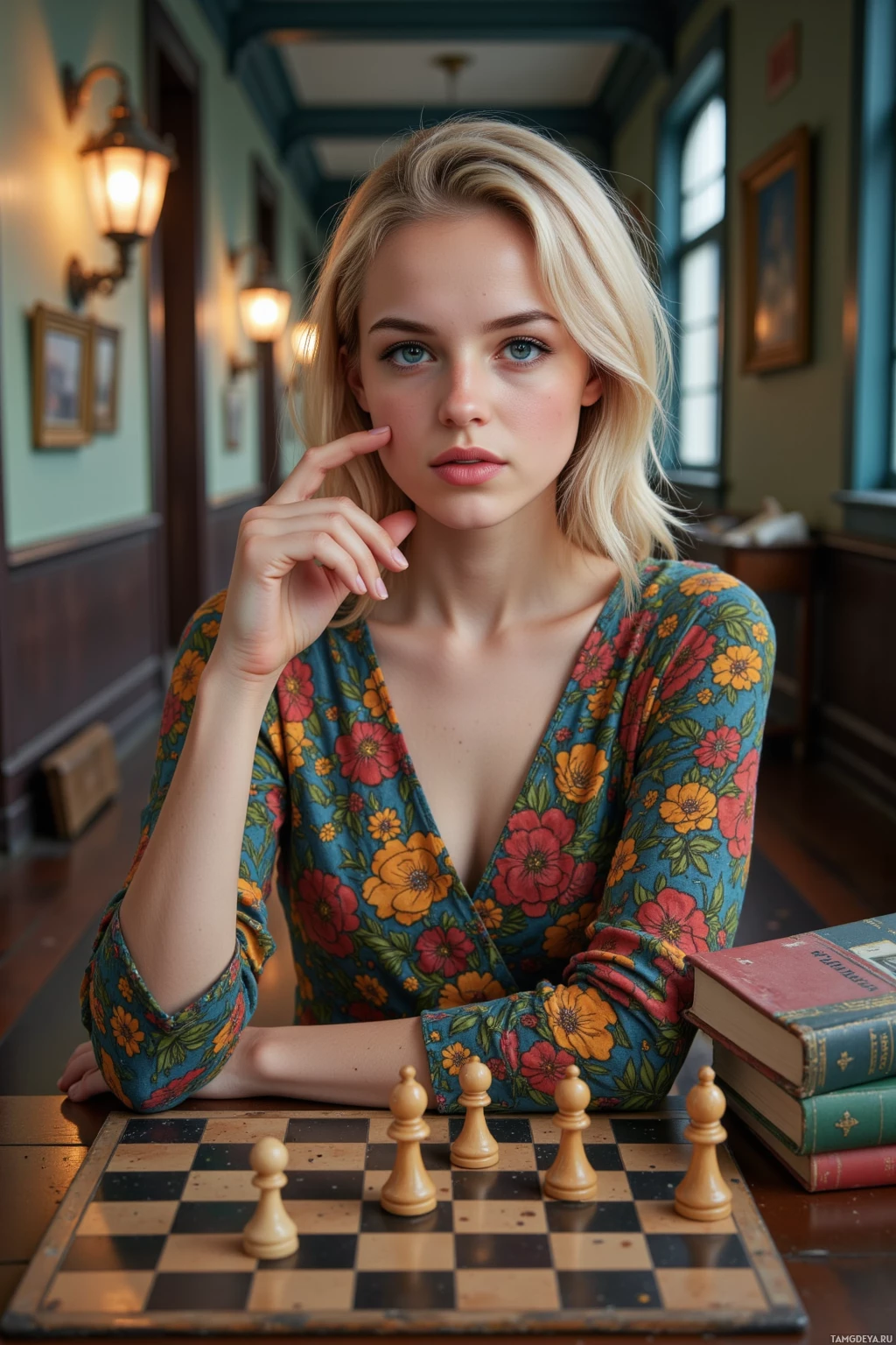 A person in a floral shirt sits at a chessboard, with books and chess pieces visible.