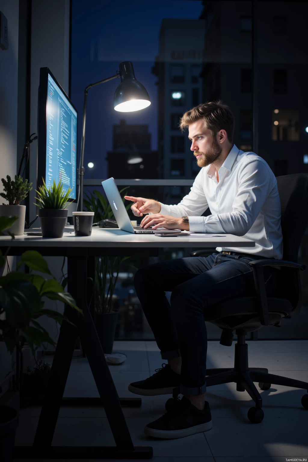 A person works at a desk with a laptop and monitor, illuminated by a desk lamp, in a modern office setting.
