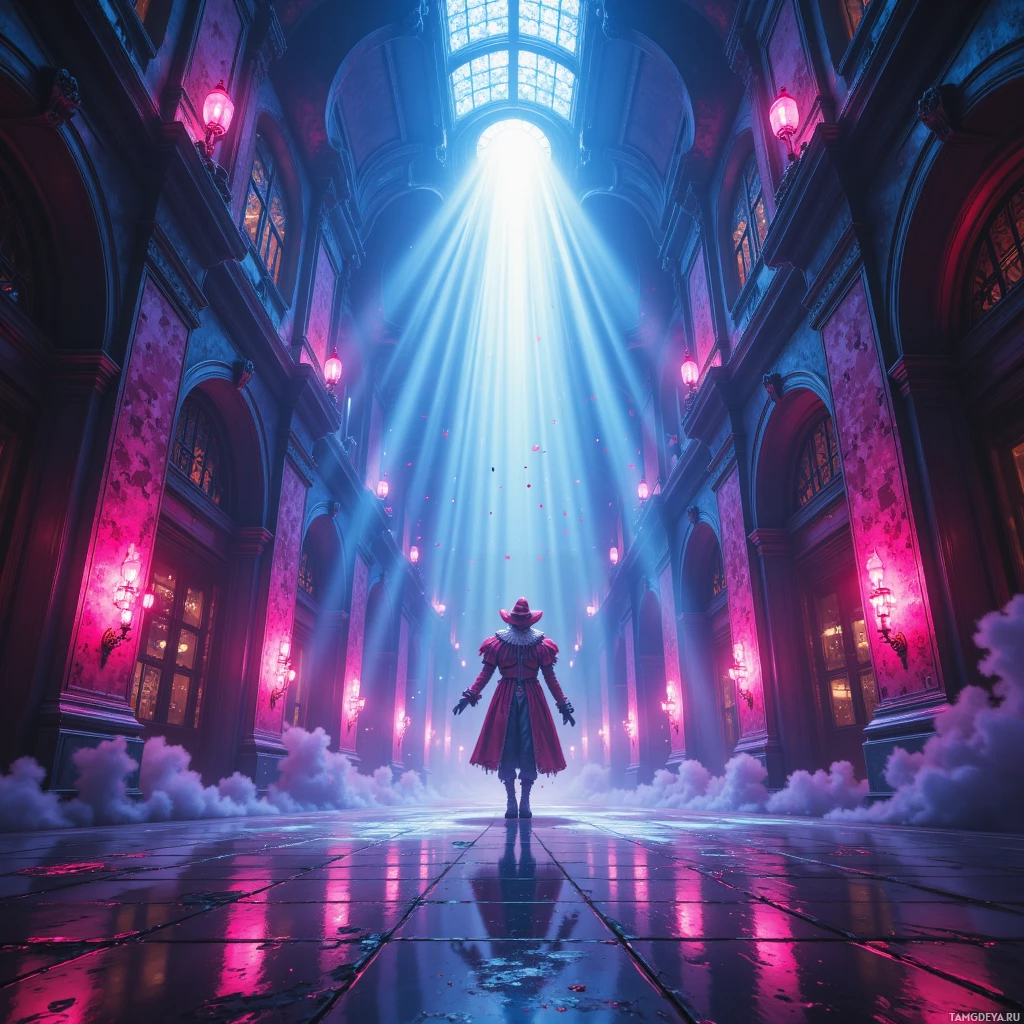 A figure stands in a grand, illuminated hallway with beams of light streaming down from above.