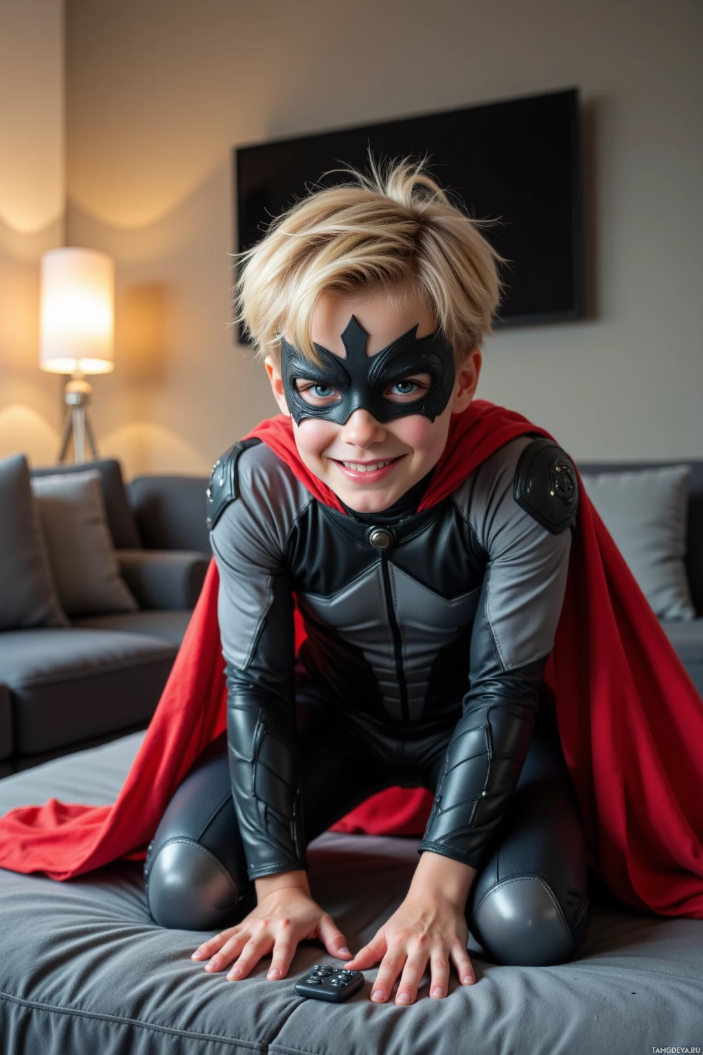 A child in a superhero costume sits on a bed with hands resting on the surface.