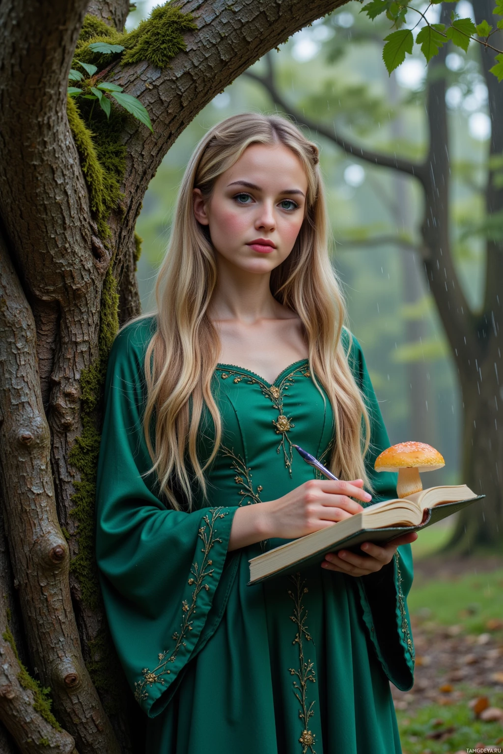 A person in a green dress leans against a tree while holding an open book and a pen, with a mushroom floating above it.