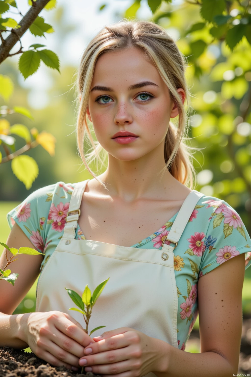 A person wearing an apron and floral shirt holds a small plant in their hands outdoors.