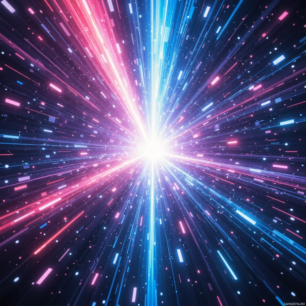 A vibrant, dynamic image featuring a burst of light with streaks of pink and blue radiating outward against a dark background.