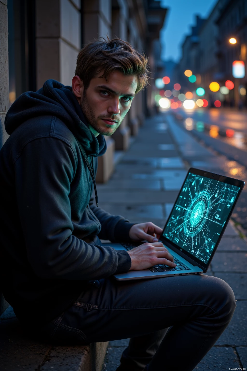 A person sits on a ledge using a laptop with a futuristic display in a city street at dusk.