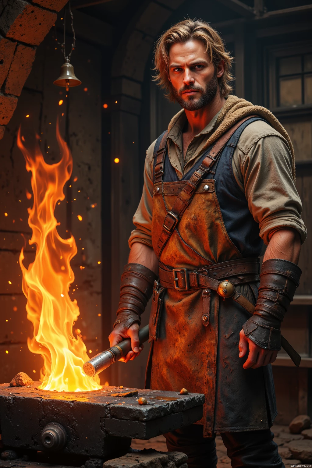 A man in a leather apron stands beside a forge, holding a tool.