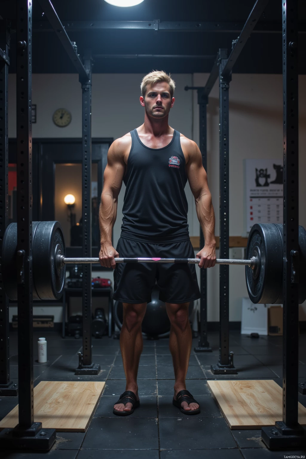 A man in a gym holds a barbell with weights on either end while wearing athletic attire and sandals.