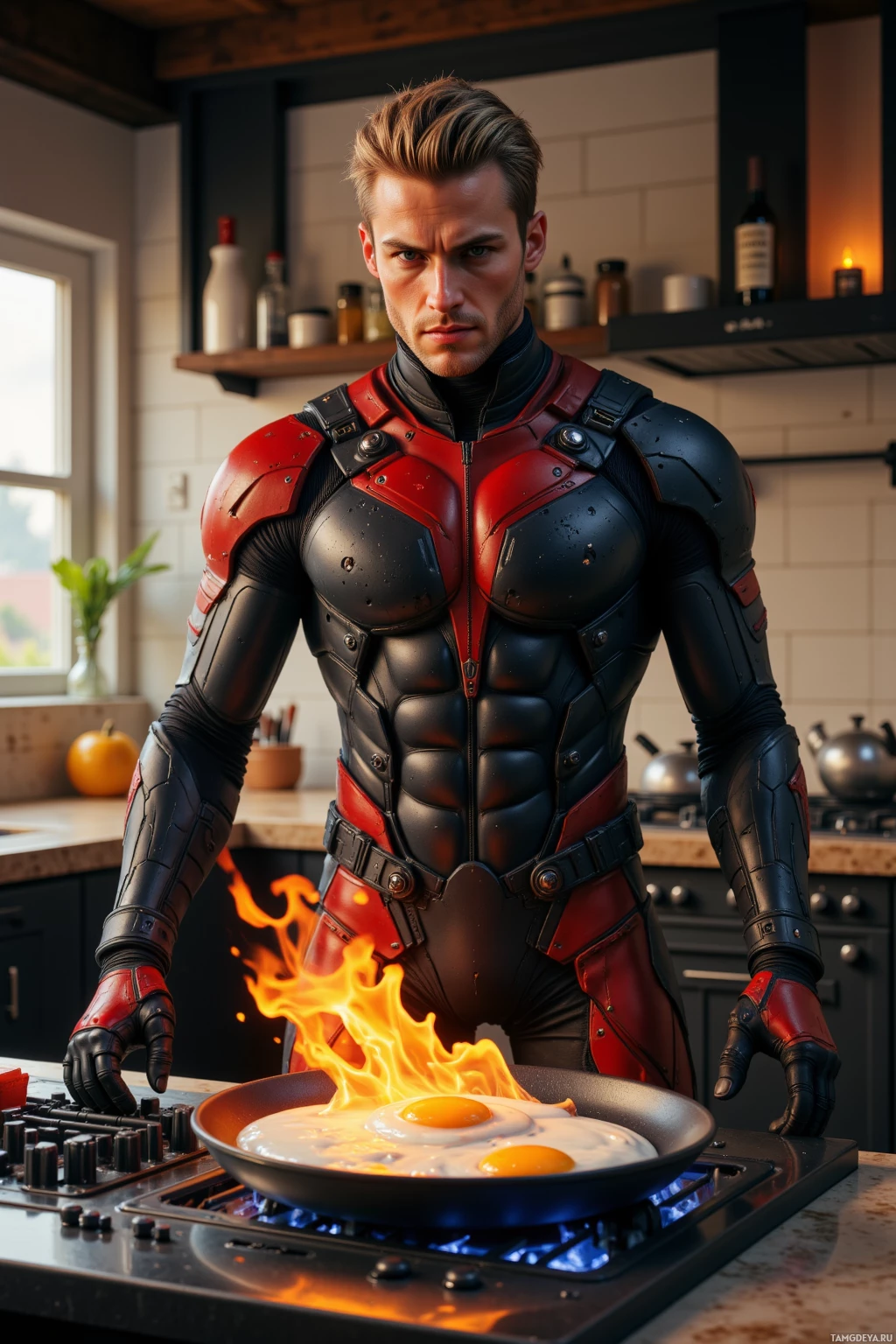 A person in a red and black armored suit is cooking eggs on a stovetop with flames.