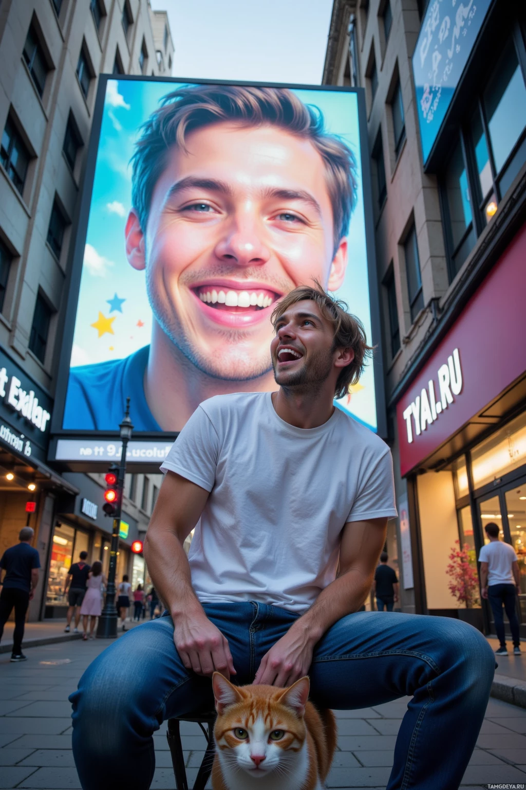 A man sits on a stool with a cat in front of him, looking up at a large billboard displaying another smiling face.