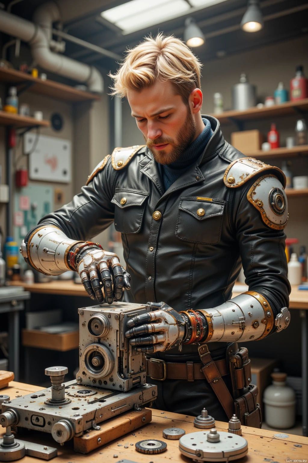 A person in a leather jacket and mechanical gloves works on an intricate device in a workshop setting.