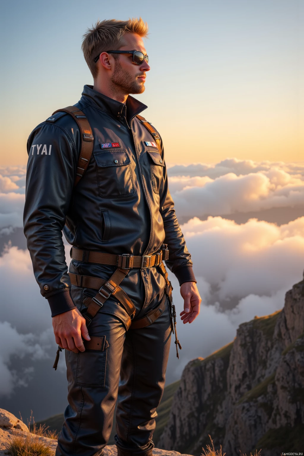 A person in a leather jacket and pants stands on a mountain peak, overlooking a sea of clouds at sunset.