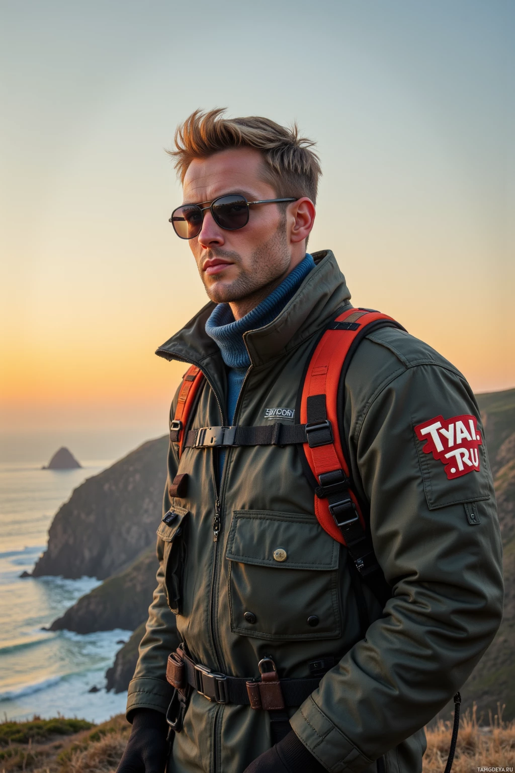 A person wearing a green jacket and sunglasses stands on a coastal cliff at sunset.