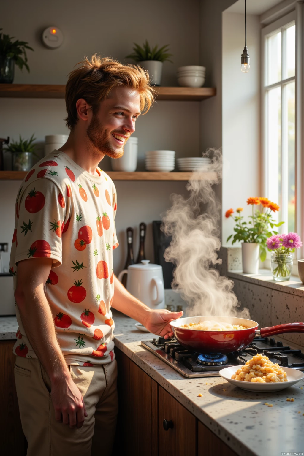 A person in a tomato-patterned shirt cooks food on a stovetop in a well-lit kitchen.