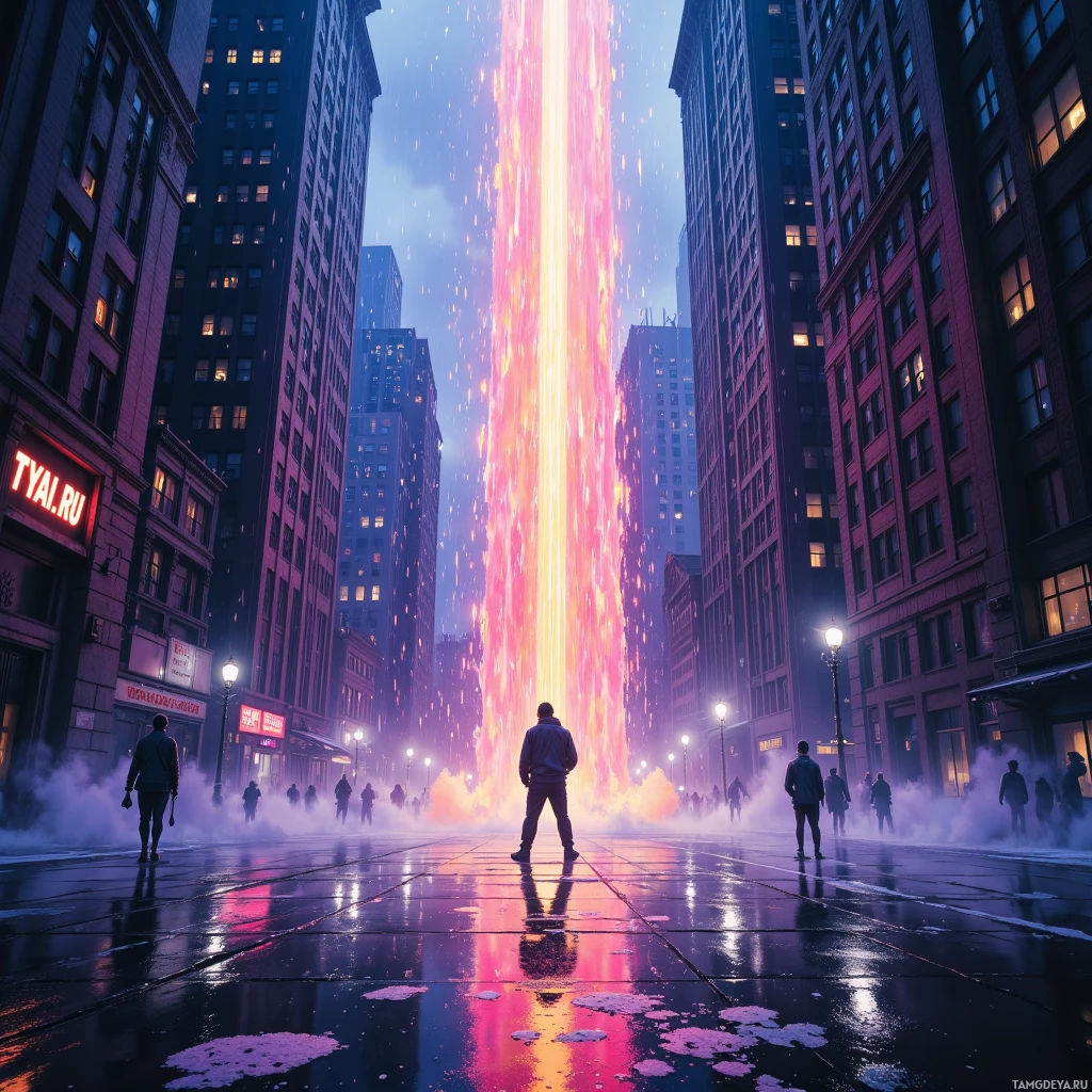 A city street scene with a bright, fiery column of light rising between tall buildings.