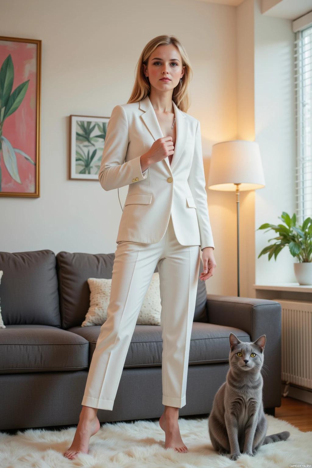A person in an off-white suit stands barefoot on a fluffy rug next to a gray cat in a cozy living room setting.