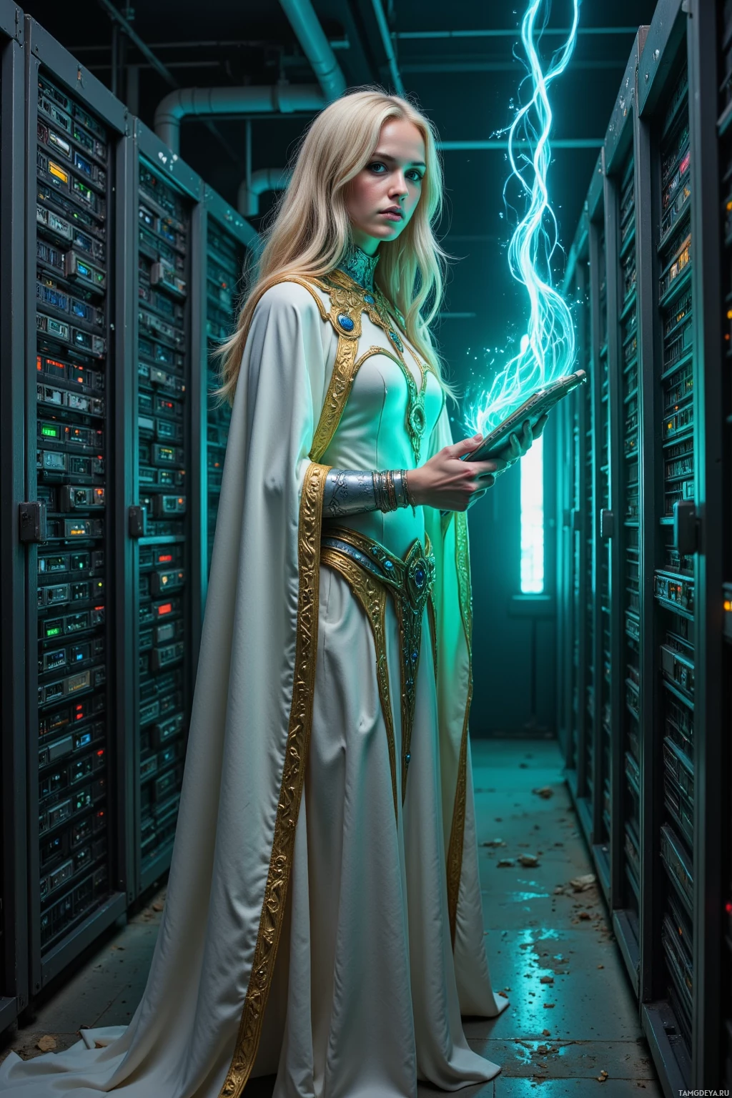 A person in a regal, ornate outfit stands in a server room with glowing blue energy.