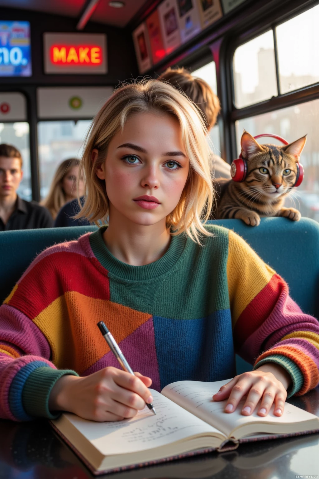 A person wearing a colorful sweater is writing in a notebook on a bus with a cat wearing headphones nearby.