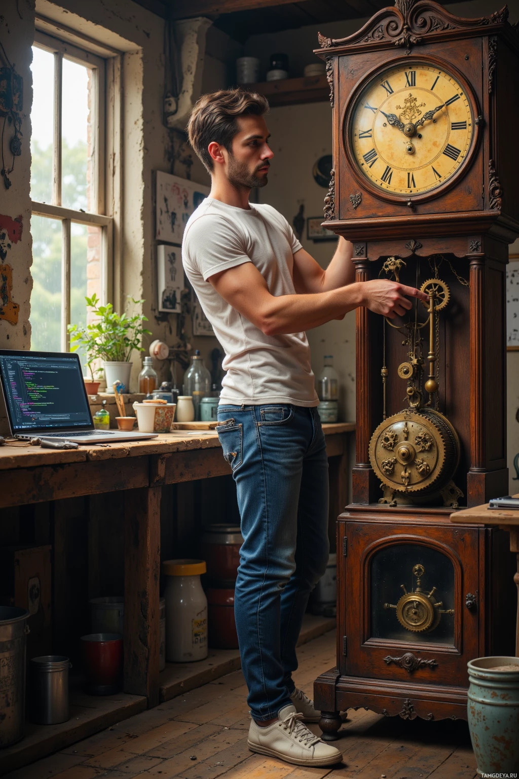 A man stands in an old-fashioned workshop, pointing at a vintage grandfather clock with gears visible inside its case.