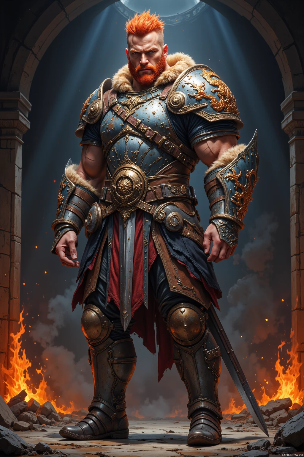A warrior in ornate armor stands amidst a fiery backdrop.