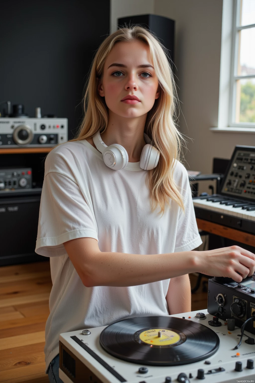 A person wearing a white shirt and headphones stands in a room with musical equipment, adjusting a turntable.