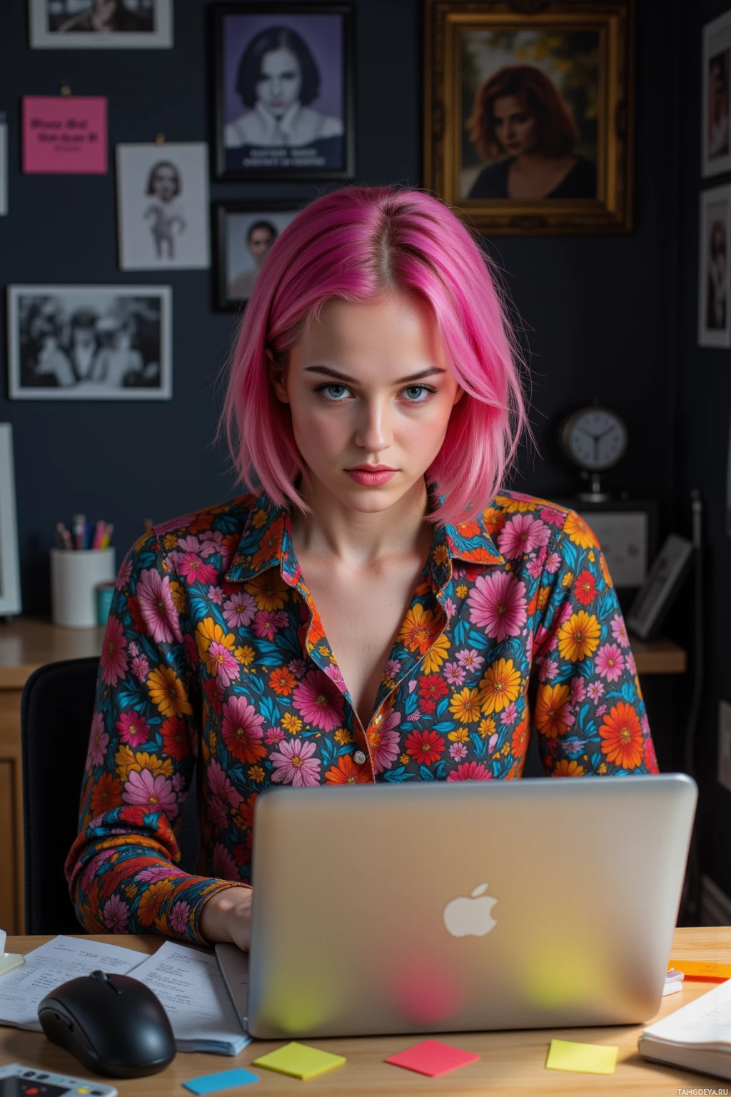 A person with pink hair sits at a desk working on an Apple laptop in a room decorated with framed pictures and office supplies.