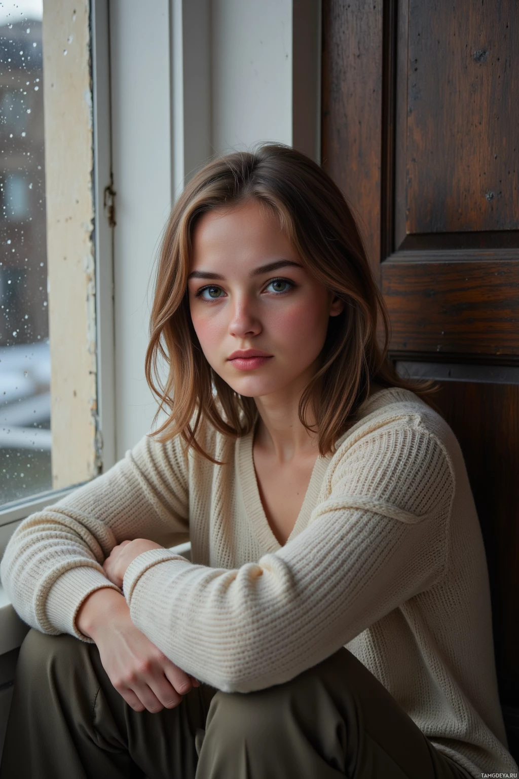 A person wearing a beige sweater sits by a window with a wooden frame.