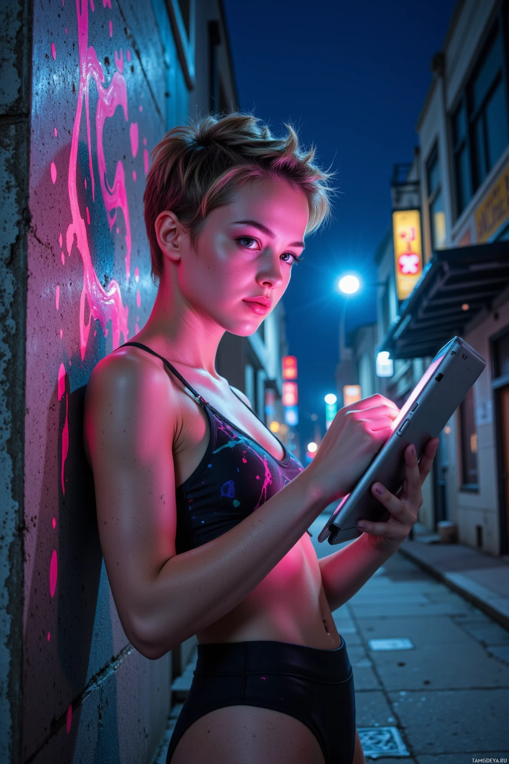 A person stands against a wall with pink paint splatters, holding a tablet in a dimly lit urban alleyway.