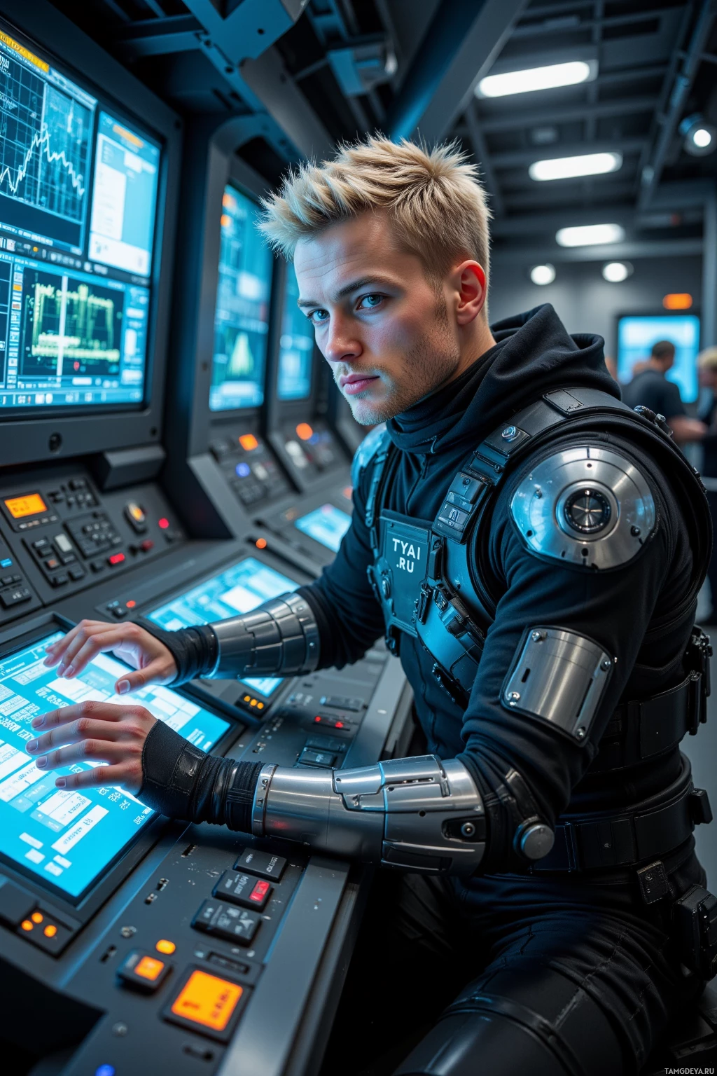 A person in futuristic armor operates advanced control panels with multiple screens and buttons.