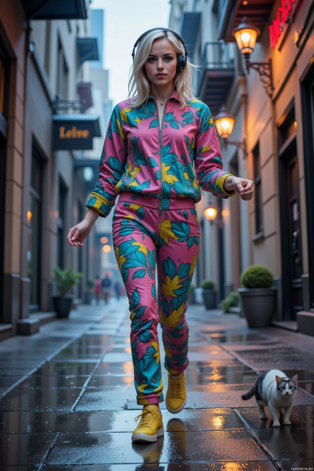 A person wearing colorful floral tracksuit and headphones walks down a wet street with a cat nearby.