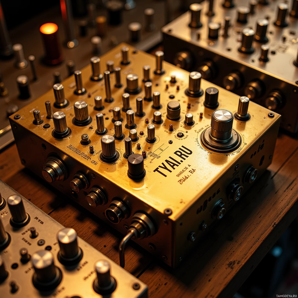 A close-up view of an electronic device with numerous knobs and switches labeled "TYAI.RU.