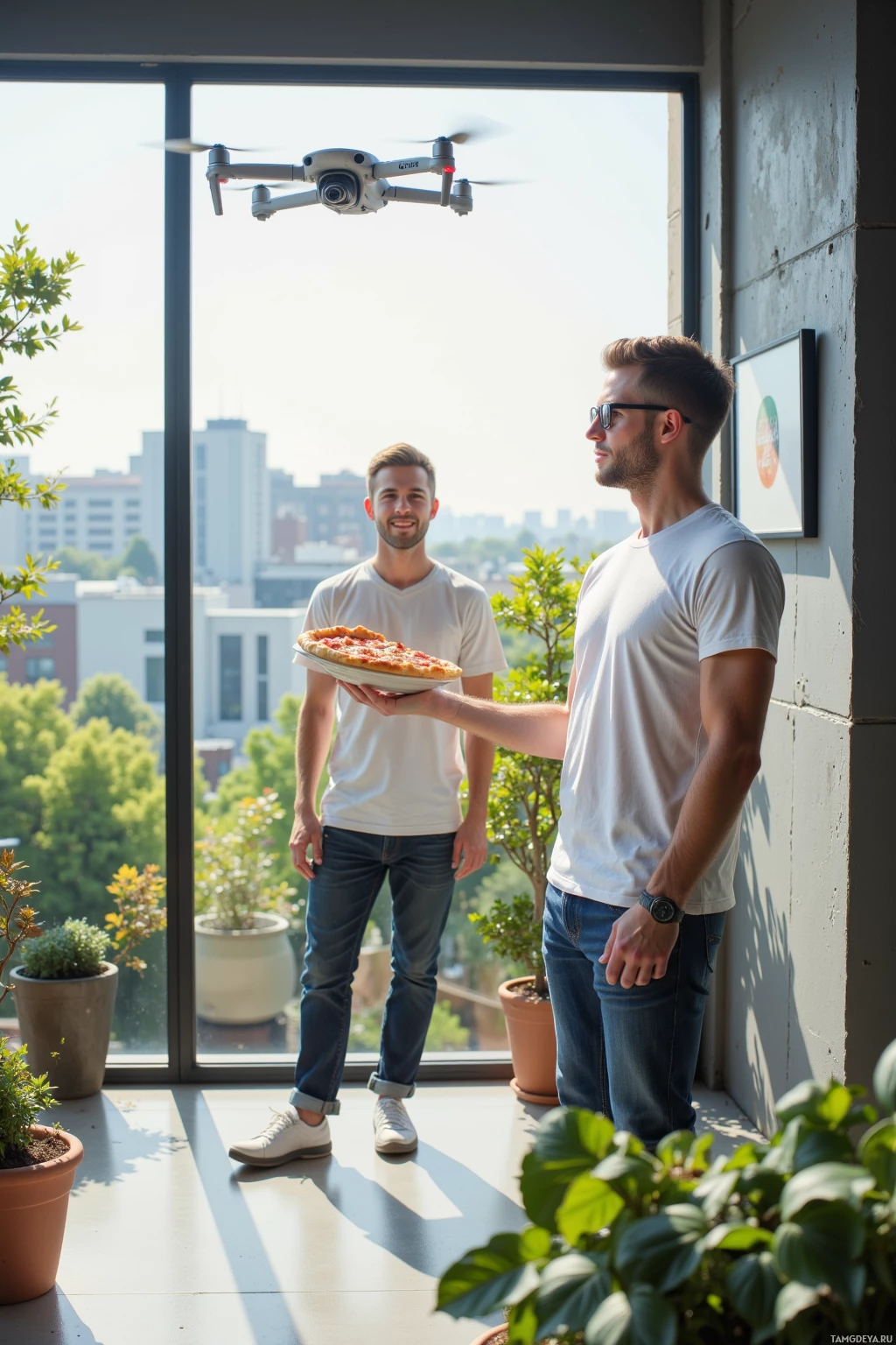Two individuals stand on a balcony, one holding a pizza while a drone hovers above.