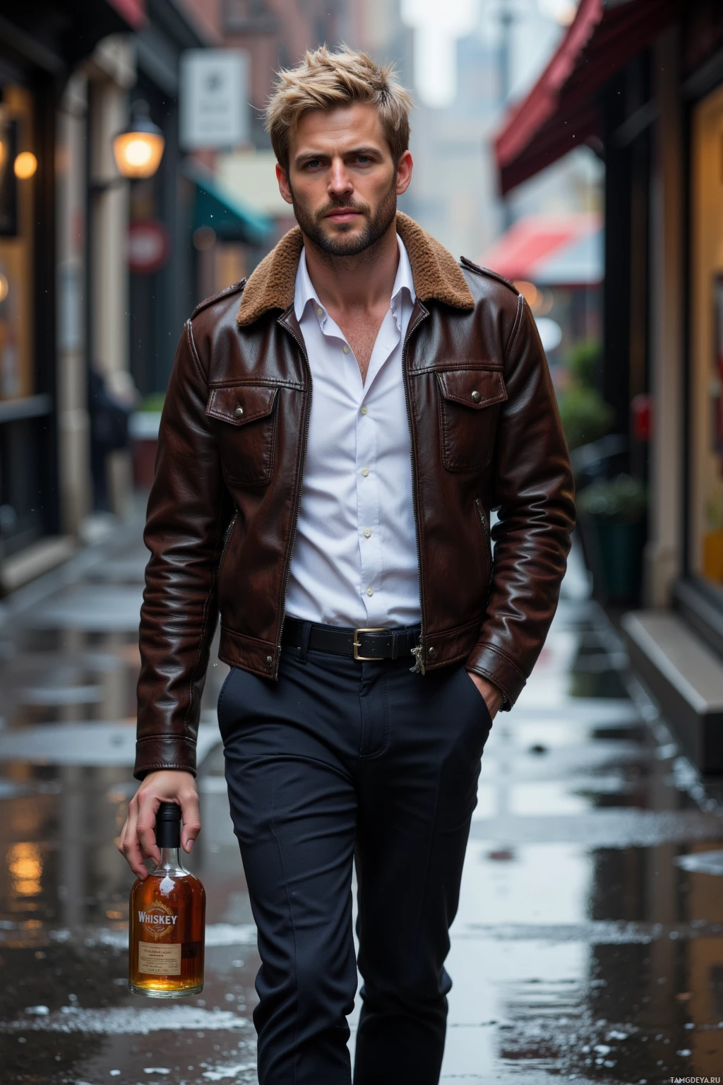 A man in a brown leather jacket and white shirt holds a whiskey bottle on a rainy street.