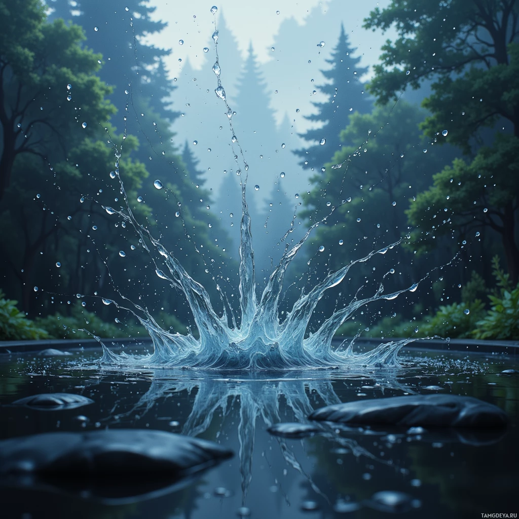 A dynamic splash of water erupts from a pond, surrounded by a serene forest.