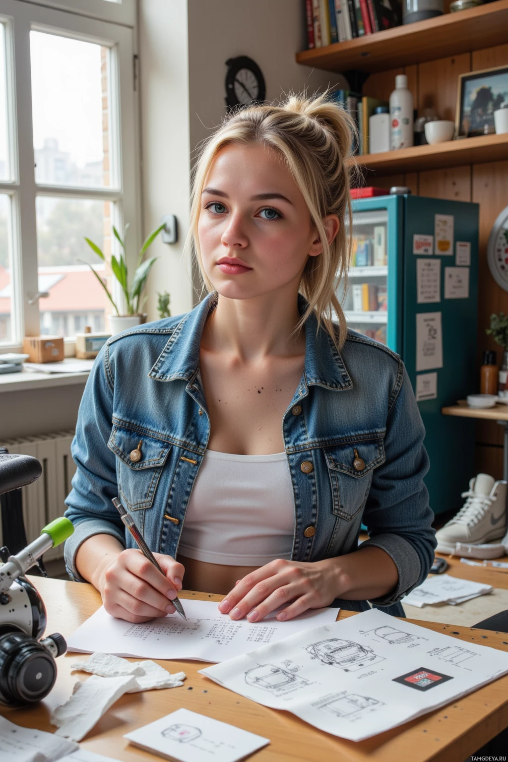 A person wearing a denim jacket is sitting at a desk with papers and writing tools, appearing to work or study.