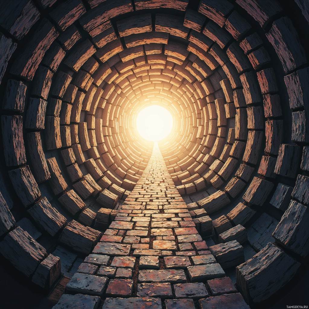 A stone tunnel with a bright light at the end.