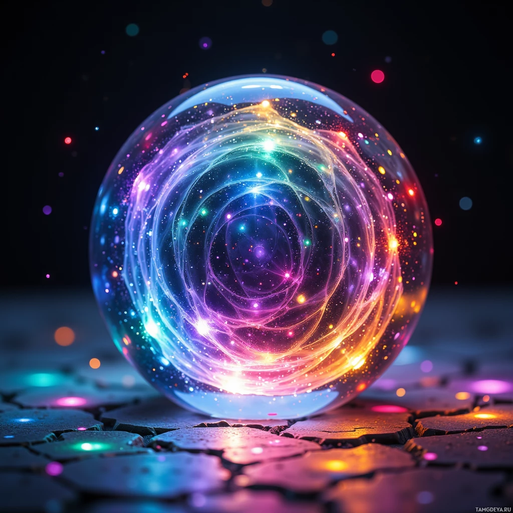 A glowing, multicolored sphere with swirling patterns and sparkling lights.