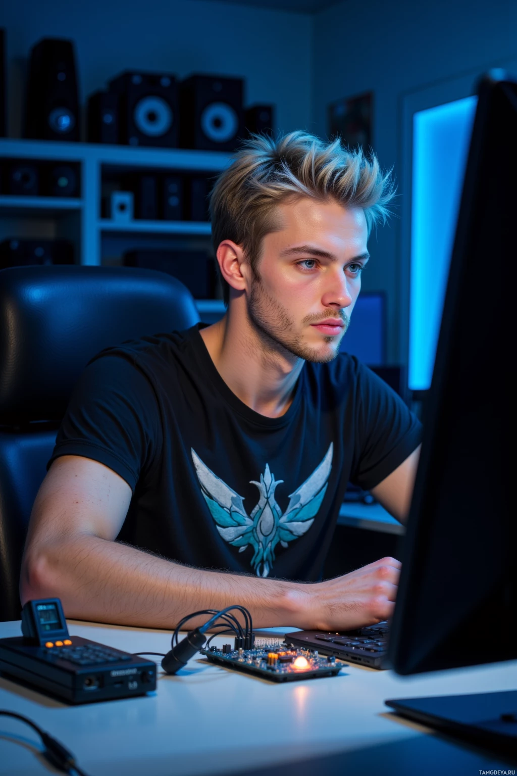 A person wearing a black t-shirt with a white logo is seated at a desk, working on a computer.