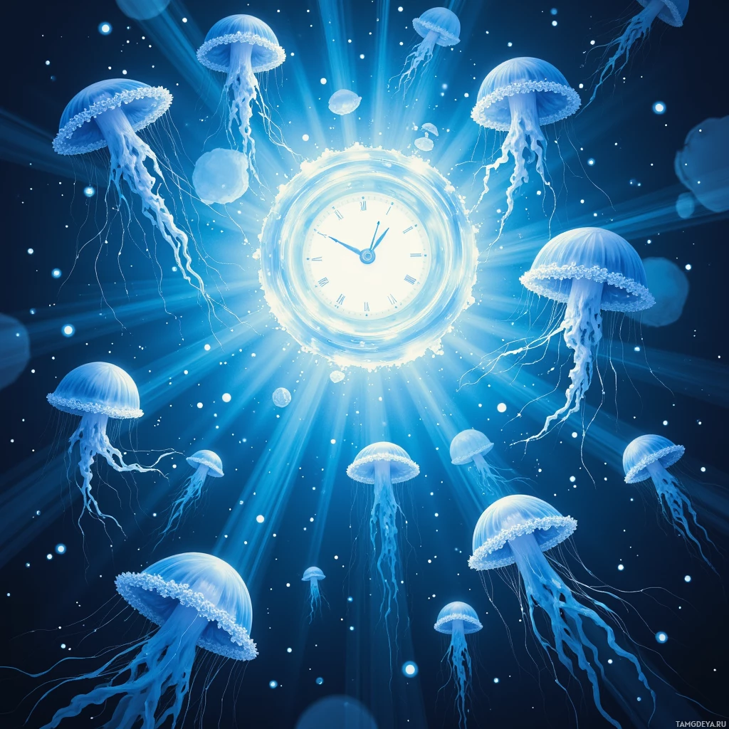 A glowing clock surrounded by jellyfish in a radiant blue underwater scene.