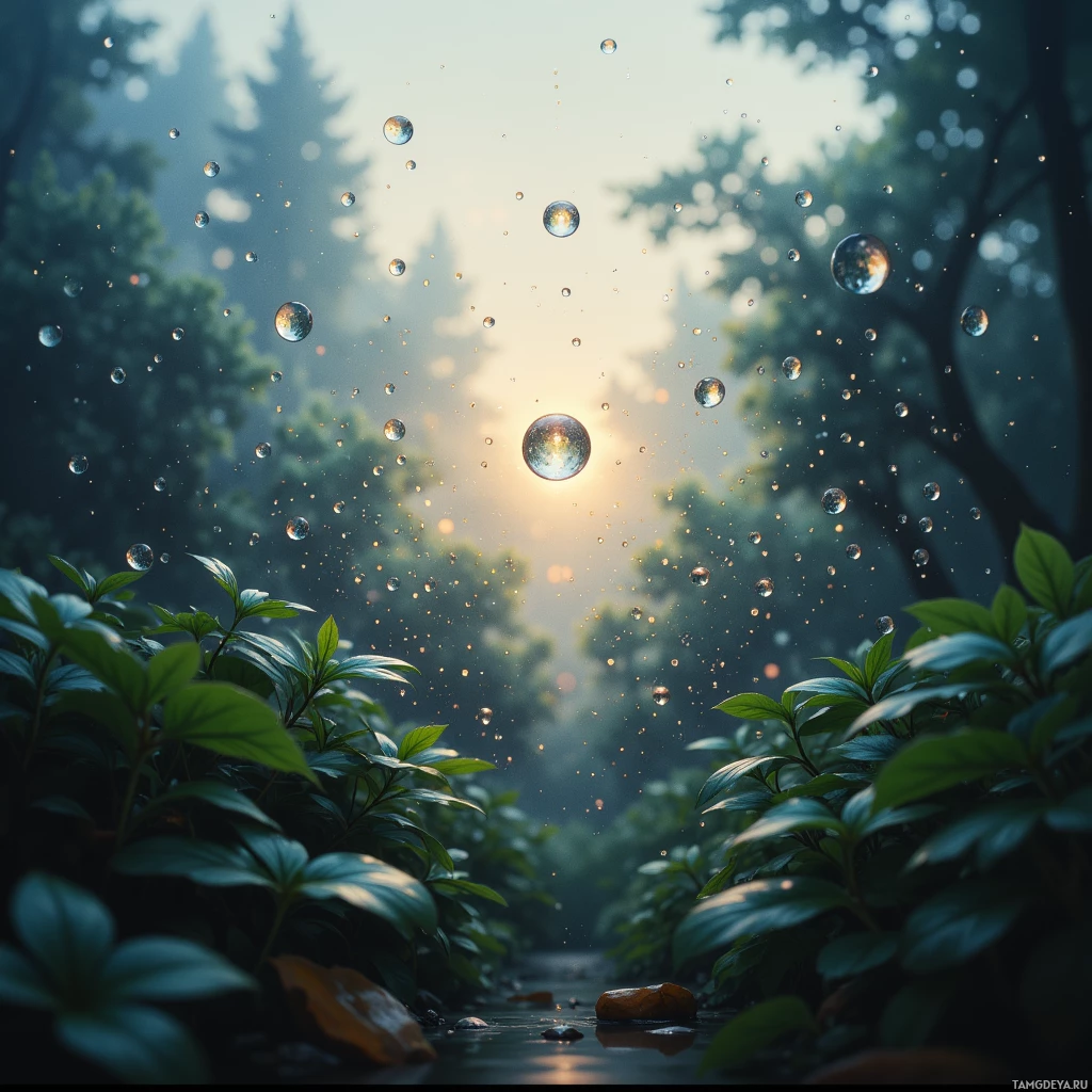 A serene forest scene with sunlight filtering through trees, creating a glowing effect with water droplets in the foreground.