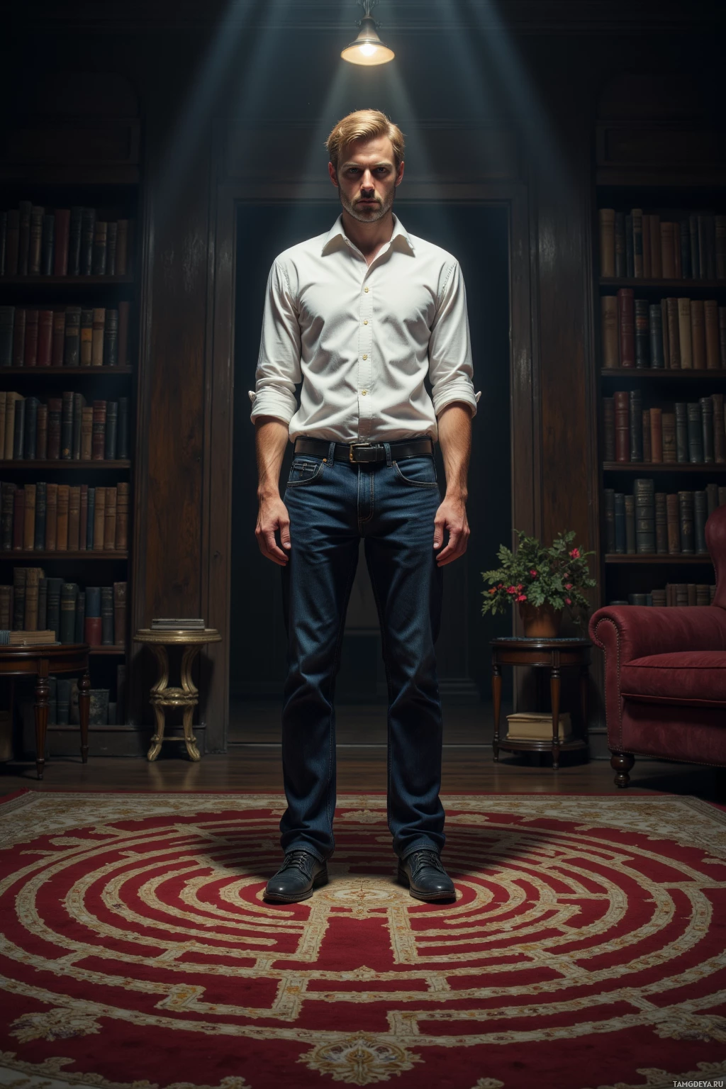 A man stands in a dimly lit room with bookshelves, wearing a white shirt and jeans, with a patterned rug beneath his feet.