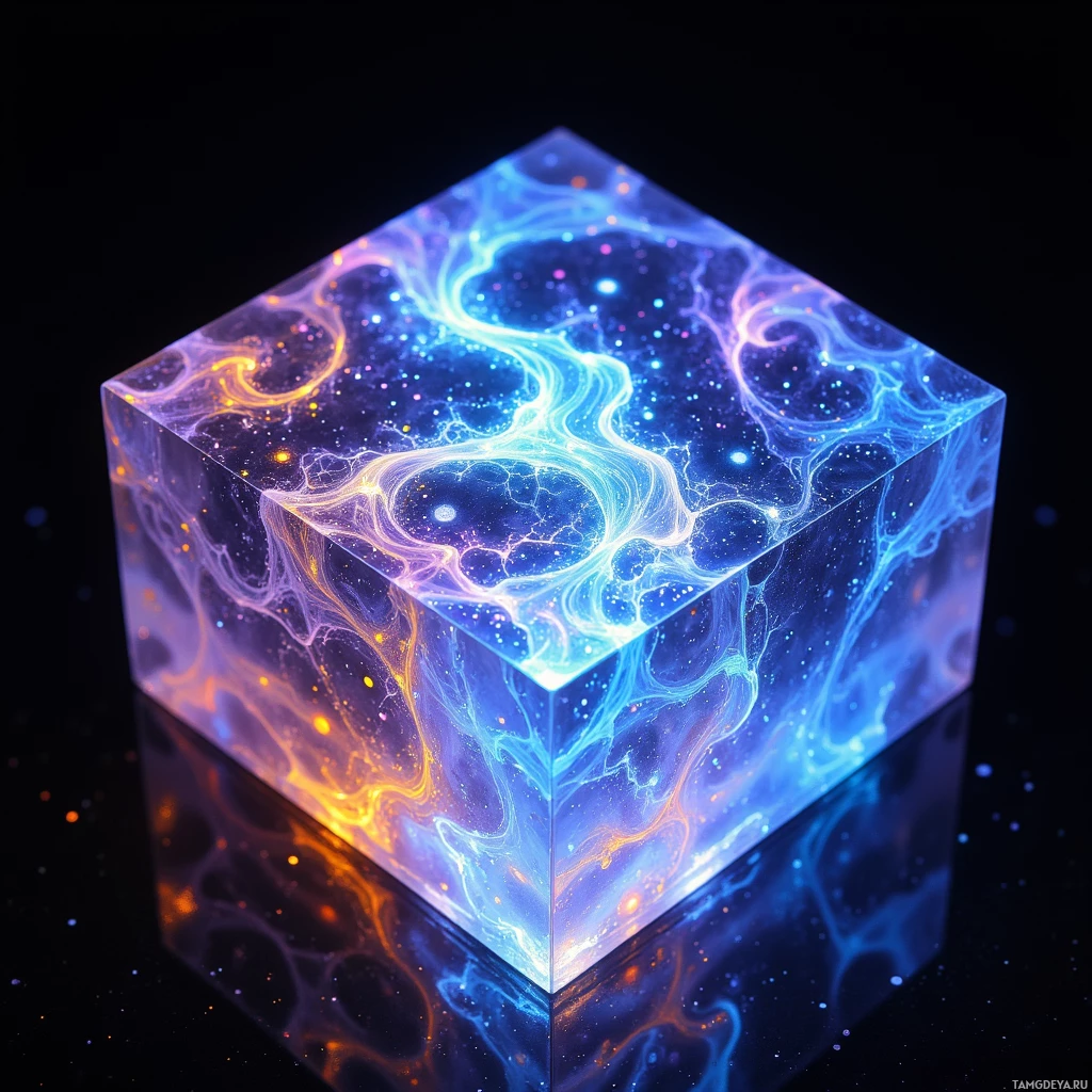 A glowing, translucent cube with swirling patterns of blue, purple, and orange light against a dark background.