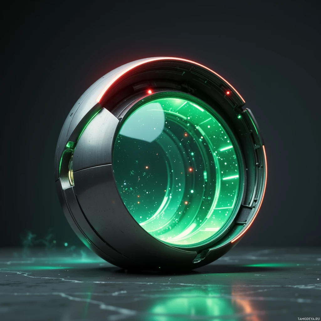 A futuristic, glowing green and red circular device with a reflective surface.