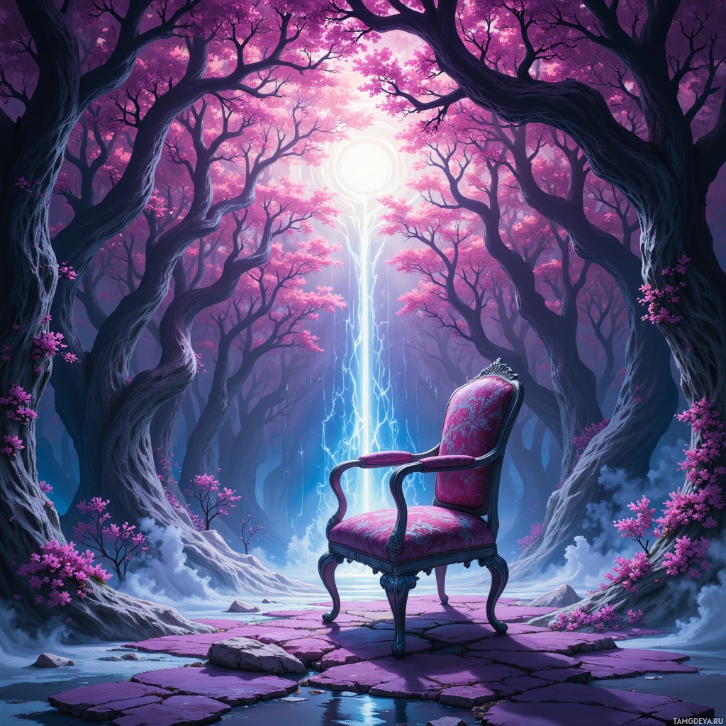 A whimsical scene featuring a pink armchair on a cracked stone path surrounded by tall, twisted trees with pink blossoms, leading to a bright, glowing portal.