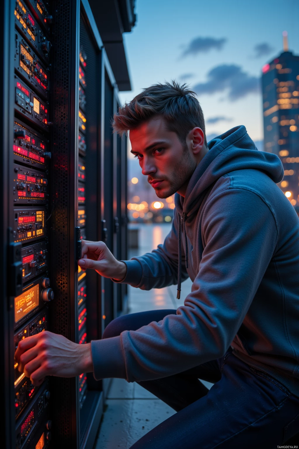 A person in casual attire is interacting with server equipment outdoors at dusk.